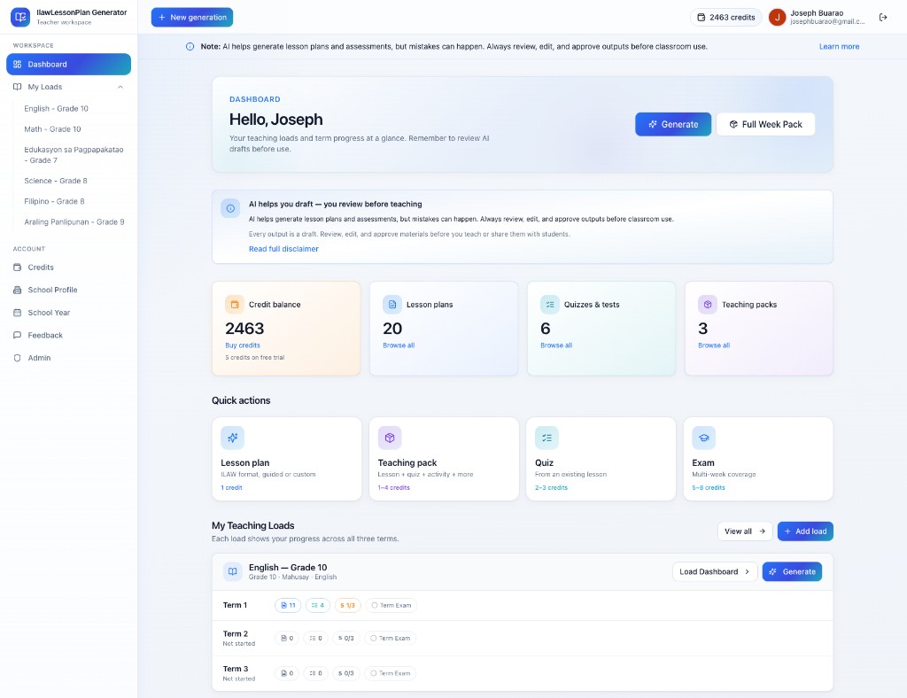 IlawLessonPlan Generator teacher dashboard showing credits, quick actions, and teaching loads with term progress